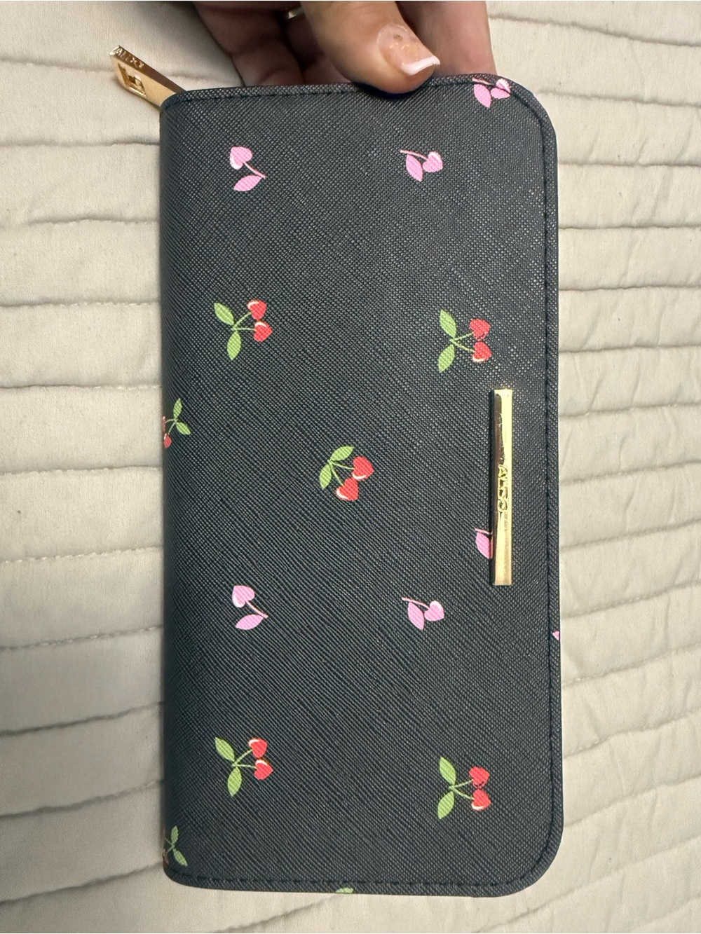 Black Cherry Print Zip Phone Wallet - Compact Card Organizer
